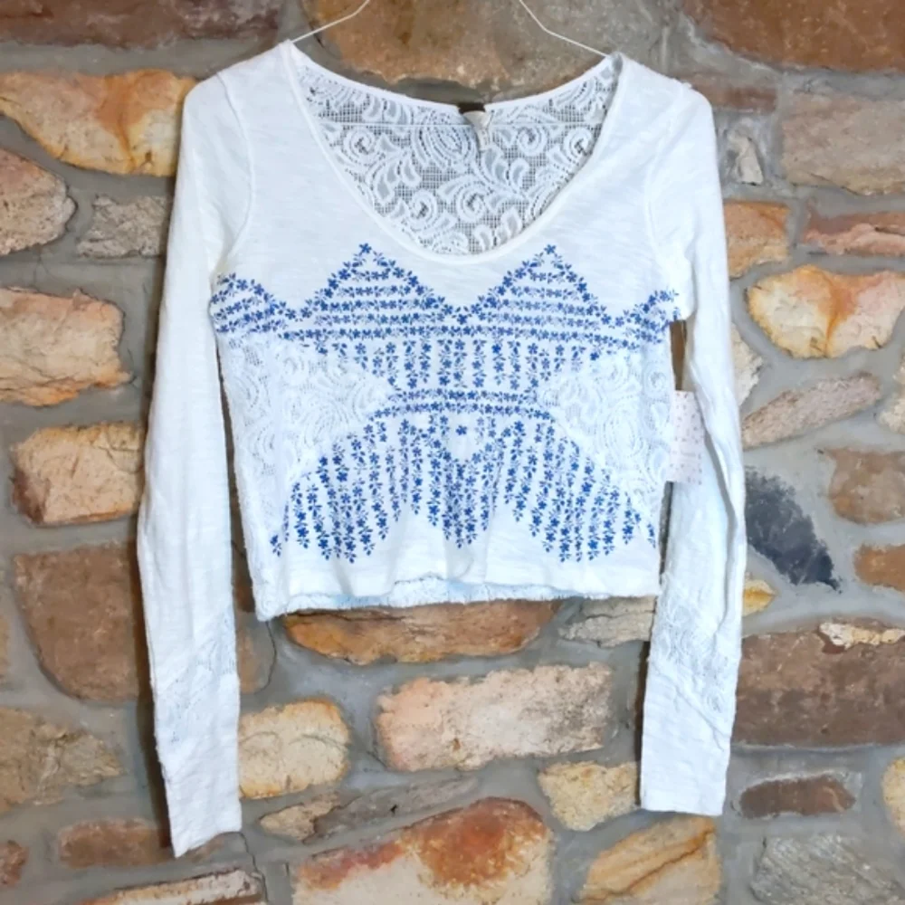Free People white floral lace crop top